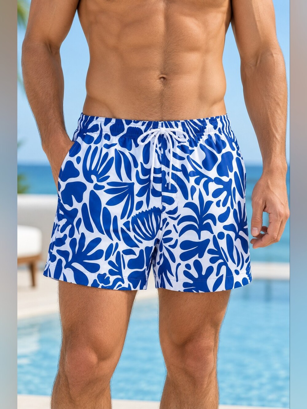 George Men's Blue White Tropical Print Swim Trunks Size L
